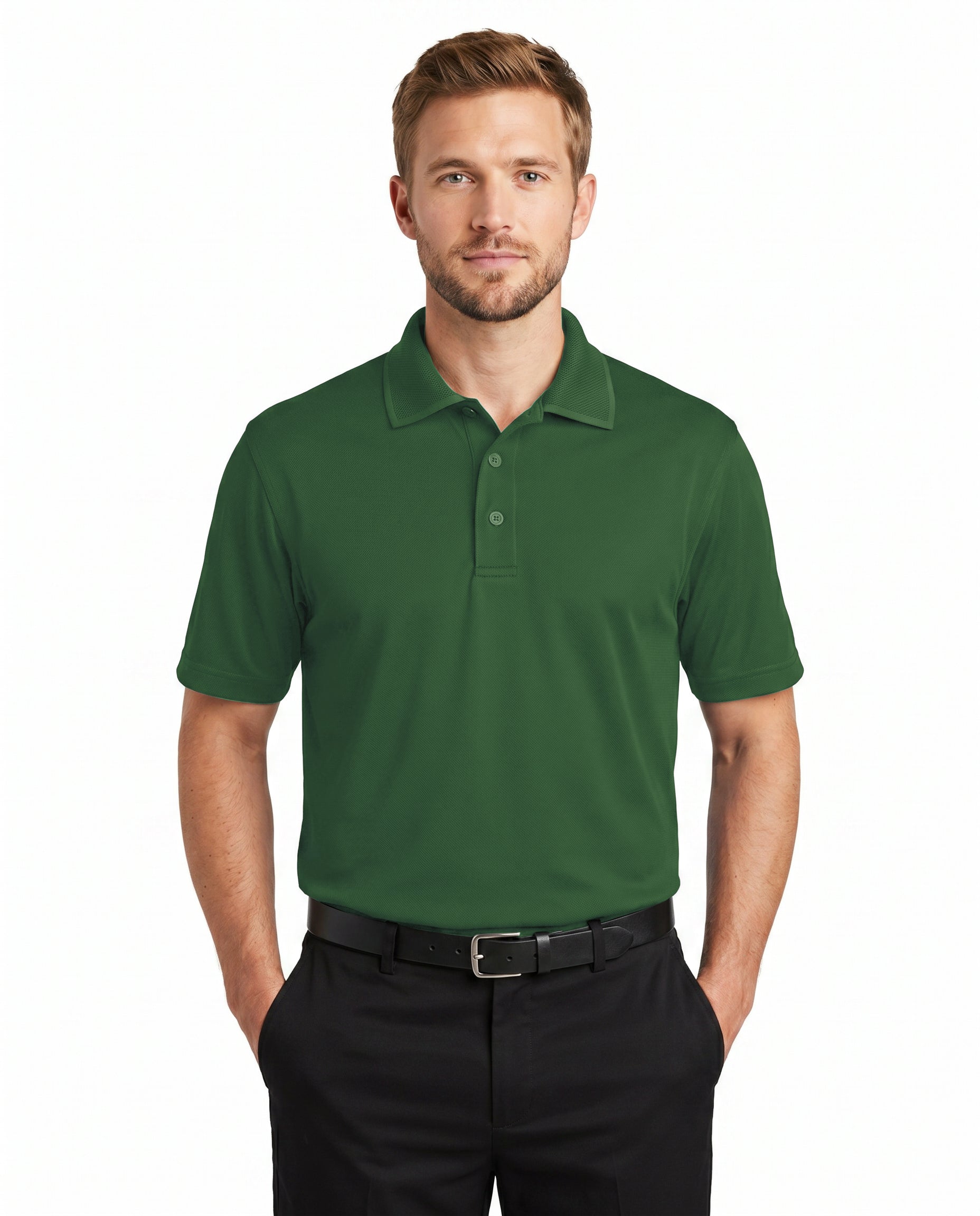 Man wearing a green polo shirt and black pants on a white background