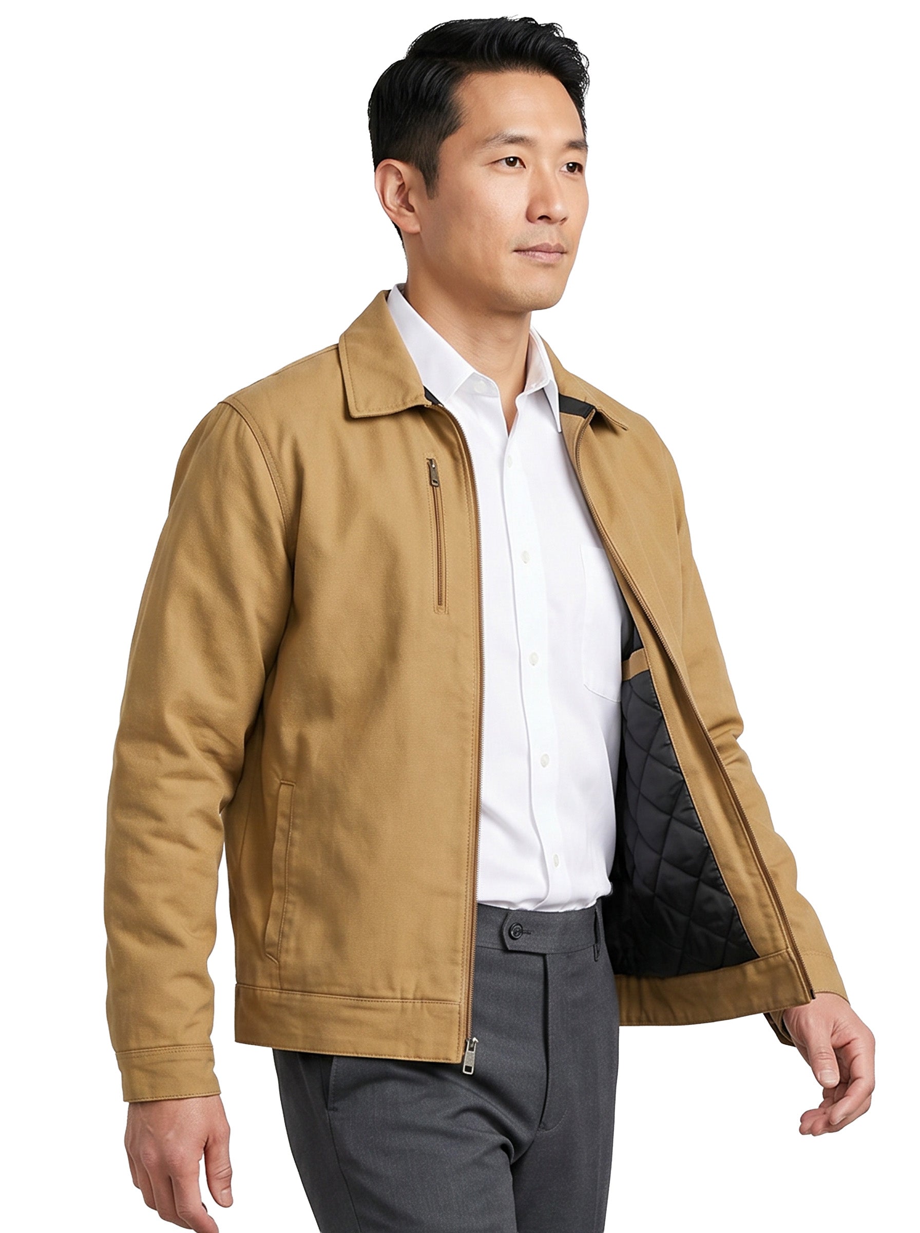 Man wearing a tan jacket over a white shirt with a black quilted lining on a white background