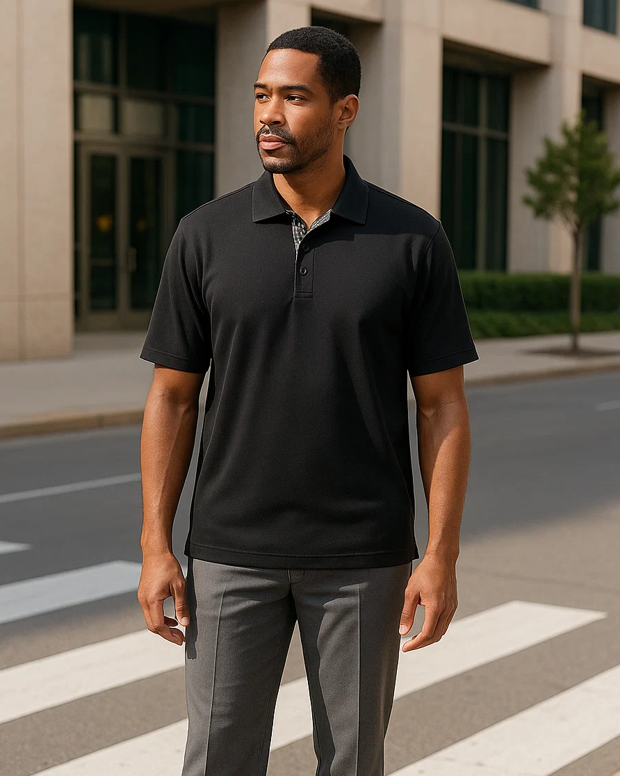 AKWA 1345-AQD Men's Plaid Placket Polo