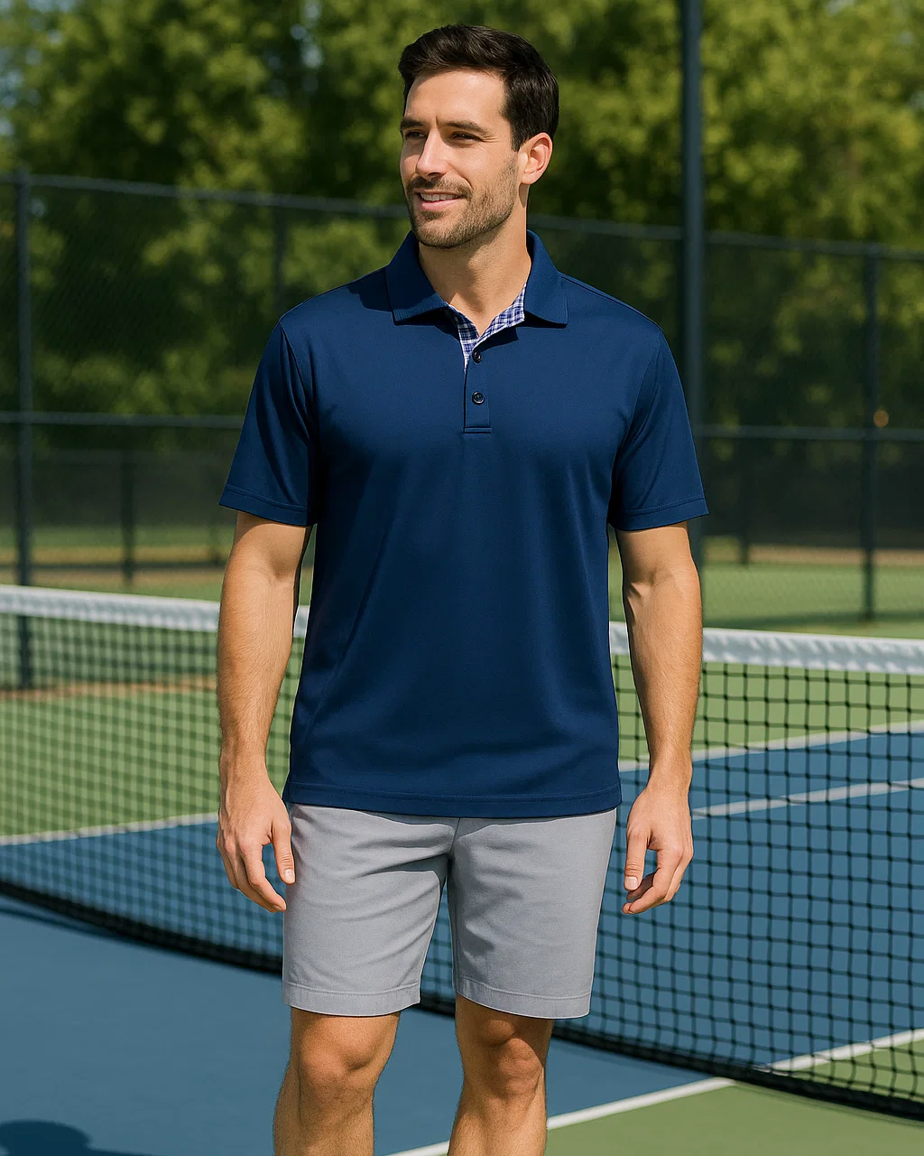 AKWA 1345-AQD Men's Plaid Placket Polo
